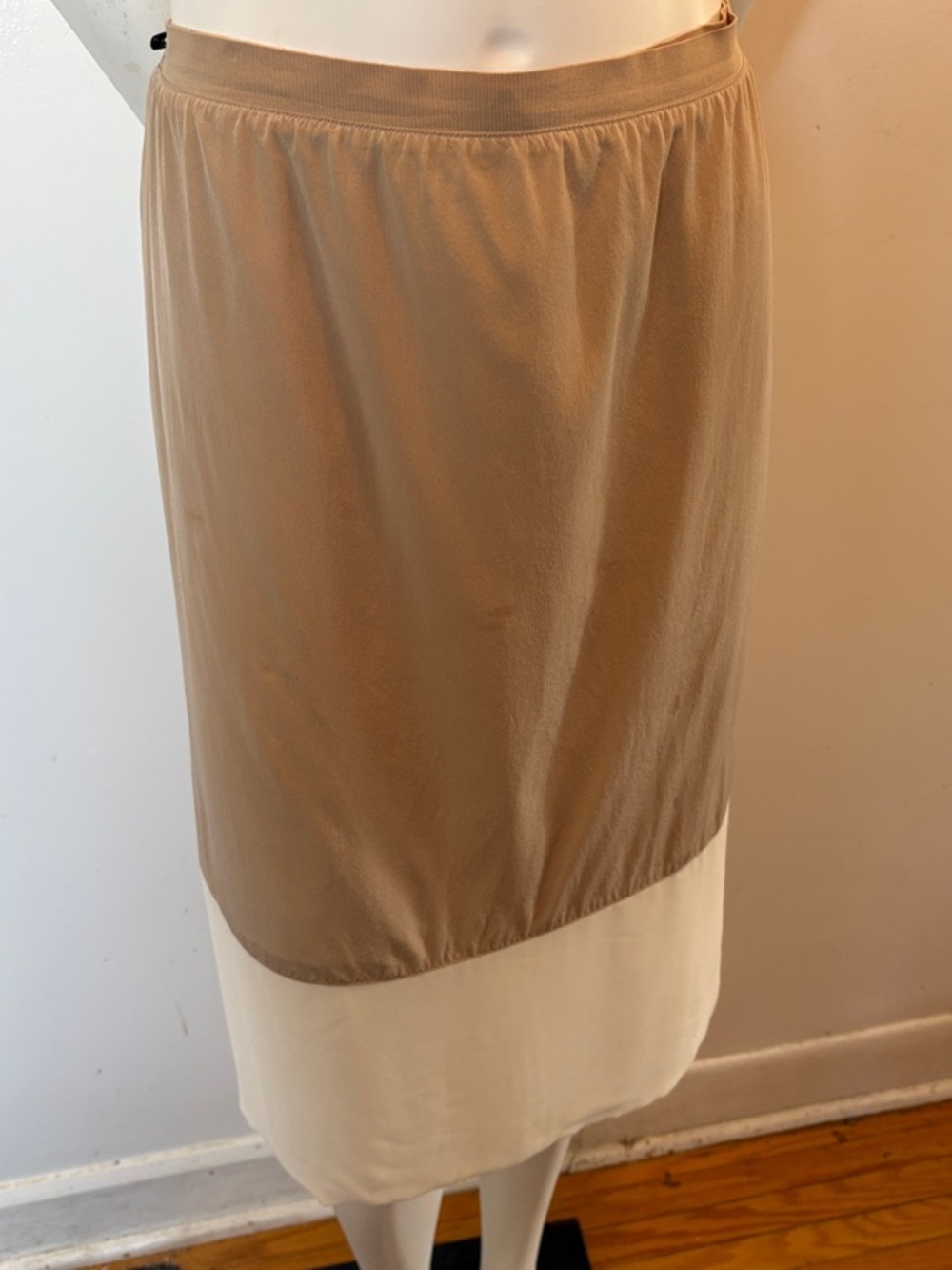 Club Monaco Beige and Cream Blocked Midi Skirt 100% Silk
